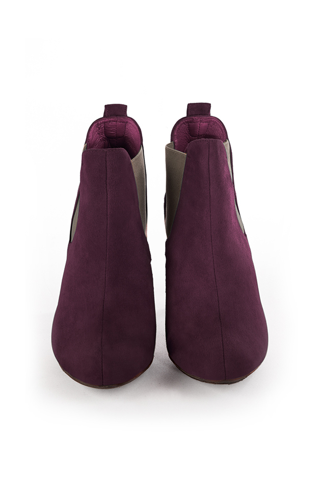 Women's wine red and taupe brown elegant Chelsea ankle boots, with side elastics. Round toe. High spool heels - Top view